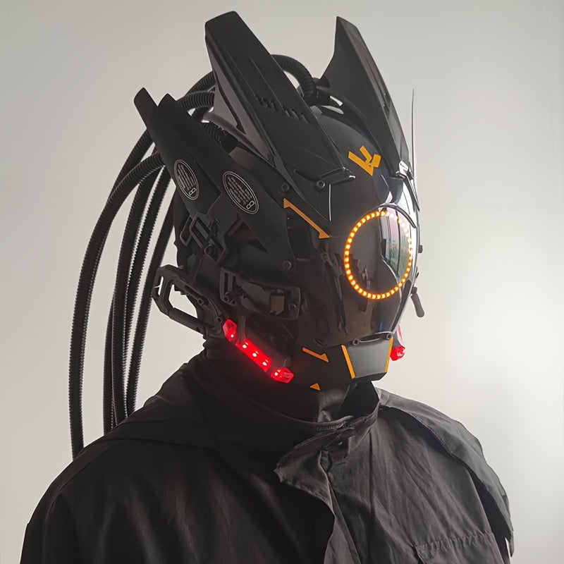 1Pcs Cool LED Lights Punk Mask With Tubular Braid Futurist Science Fiction Mechanical Mask Halloween Cosplay Masks Sci-fi Gear Party Music Festival Props
